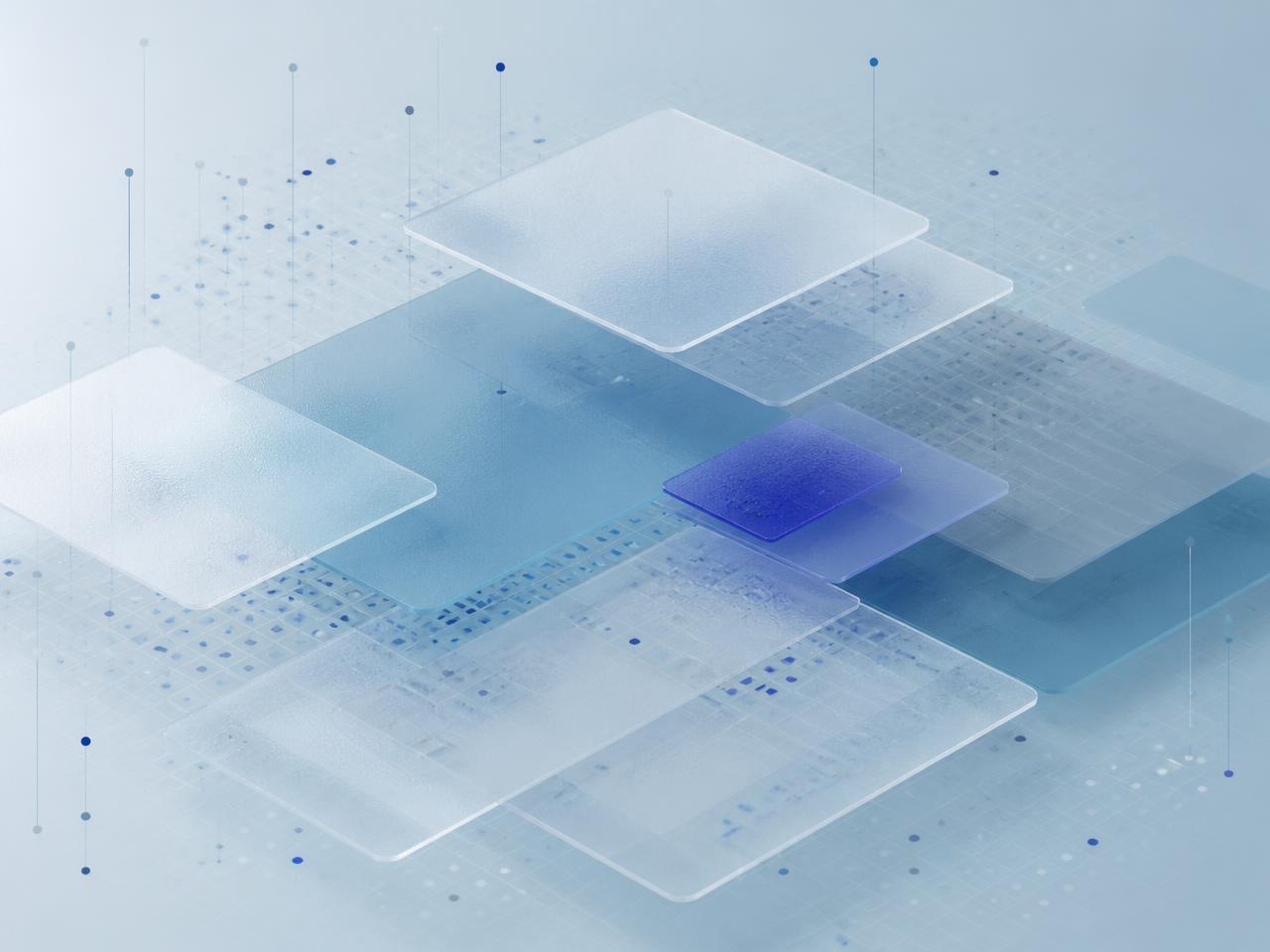 Abstract editorial artwork of translucent glass panels over a data grid