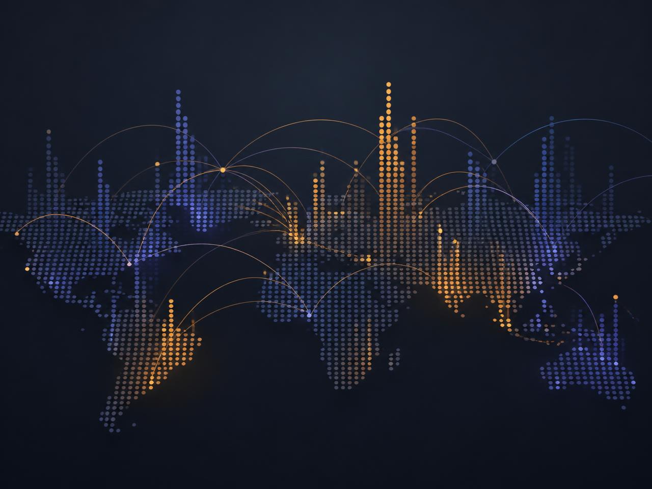 Abstract editorial artwork of data columns and signal arcs